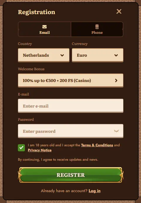 Maak een account aan bij WildRobin Casino